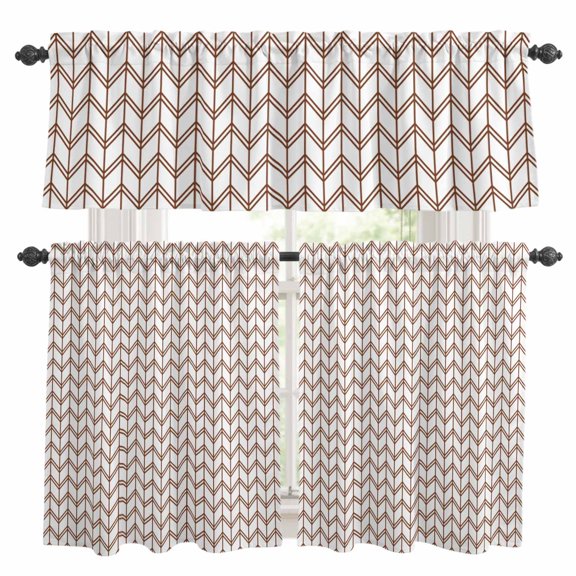 Striped Abstract Kitchen Curtains Valances and Tiers Set of 3 Chevron Pattern Brown Line Simplicity Tier Curtains and Valance with Rod Pocket for Small Windows, 27.5"x24"