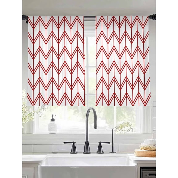 Striped Abstract Sheer Curtains 45 Inches Long 2 Panels Chevron Pattern Red Line Simplicity Light Filtering Semi Sheer Window Curtains Drapes for Bedroom Living Room 52"x45"
