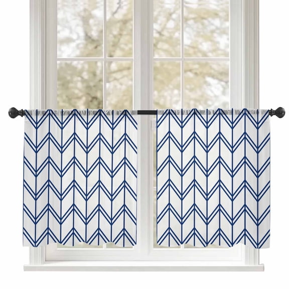 Striped Abstract Sheer Curtains 45 inches Long 2 Panels Set Chevron Pattern Navy Blue Line Tiers Sheers Rod Pocket Small Window Short Curtains for Kitchen Cafe, Each 52" W x 45" L