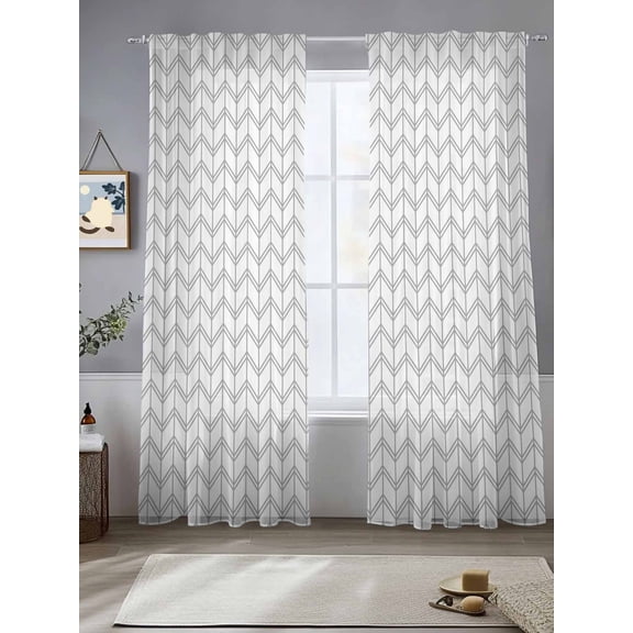 Striped Abstract Sheer Curtains 96 Inches Long 2 Panels Chevron Pattern Gray Line Simplicity Light Filtering Semi Sheer Window Curtains Drapes for Bedroom Living Room 52"x96"