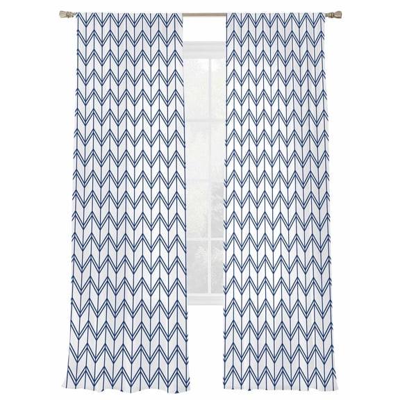 Striped Abstract Sheer Curtains for Living Room Bedroom, Light-filtering Sheer Curtain, Chevron Pattern Navy Blue Line Simplicity Rod Pocket Voile Window Treatment Drapes, 52’’Wx96’’L, 2 Panels Set