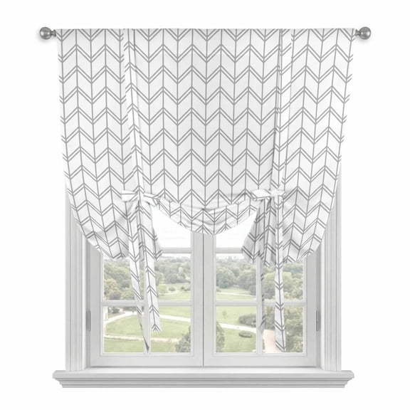 Striped Abstract Tie Up Curtains Window Shades, Chevron Pattern Gray Line Simplicity Rod Pocket Tie Up Window Shade Adjustable Balloon Curtain Shade for Blinds Kitchen Bathroom, 1 Panel, 52"x63"