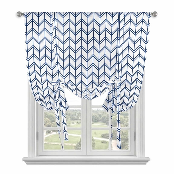 Striped Abstract Tie Up Curtains Window Shades, Chevron Pattern Navy Blue Line Simplicity Rod Pocket Tie Up Window Shade Adjustable Balloon Curtain Shade for Blinds Kitchen Bathroom, 1 Panel, 52"x63"