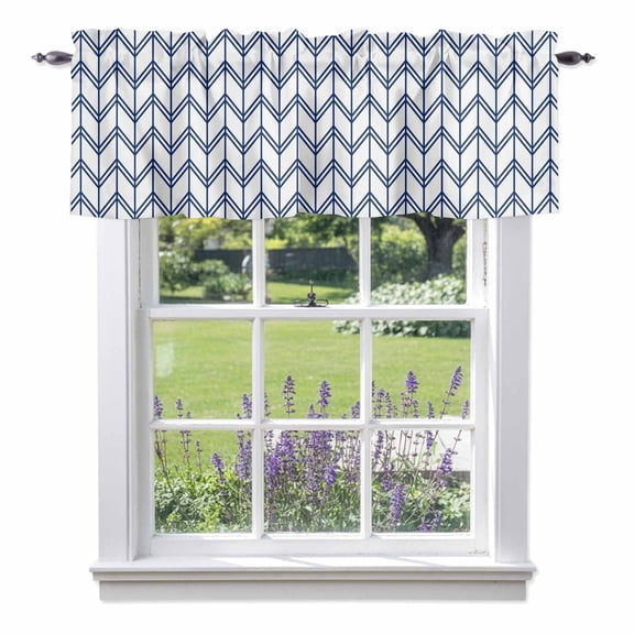 Striped Abstract Valances for Windows, Chevron Pattern Navy Blue Line Simplicity Valance Window Treatment Rod Pocket Short Curtains Valances for Kitchen Bathroom 54"W x 18"L