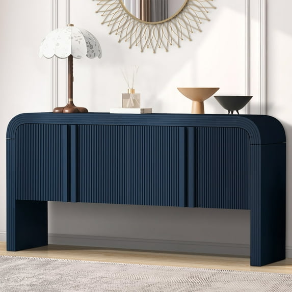 Striped Accent Cabinet with 4 Doors, TUANLUO Buffet Cabinet with Adjustable Shelves, Modern Accent Cabinet Furniture for Hallway Entryway Living Room, 63"L x 14.9"W x 31.8"H, Blue