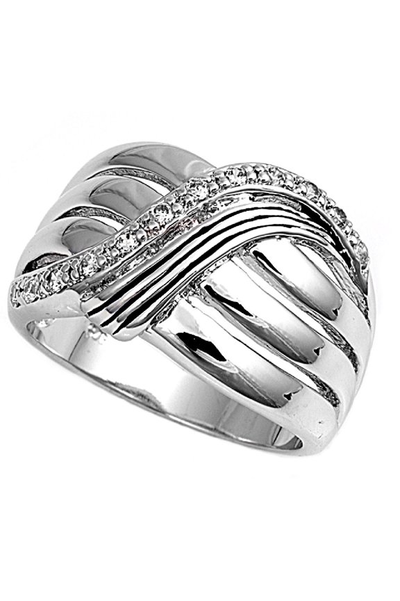 Striped Across Tri Row Cubic Zirconia Ring Sterling Silver 925 Size 9