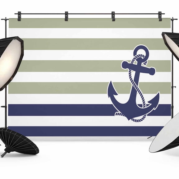 Striped Anchor Backdrop for Photography,Fabric Photo Background Backdrop,Navy Blue Nautical Sage Green Geometric Photo Booth Background for Portrait Photoshoot Video Wedding Decoration Banner 12x8ft