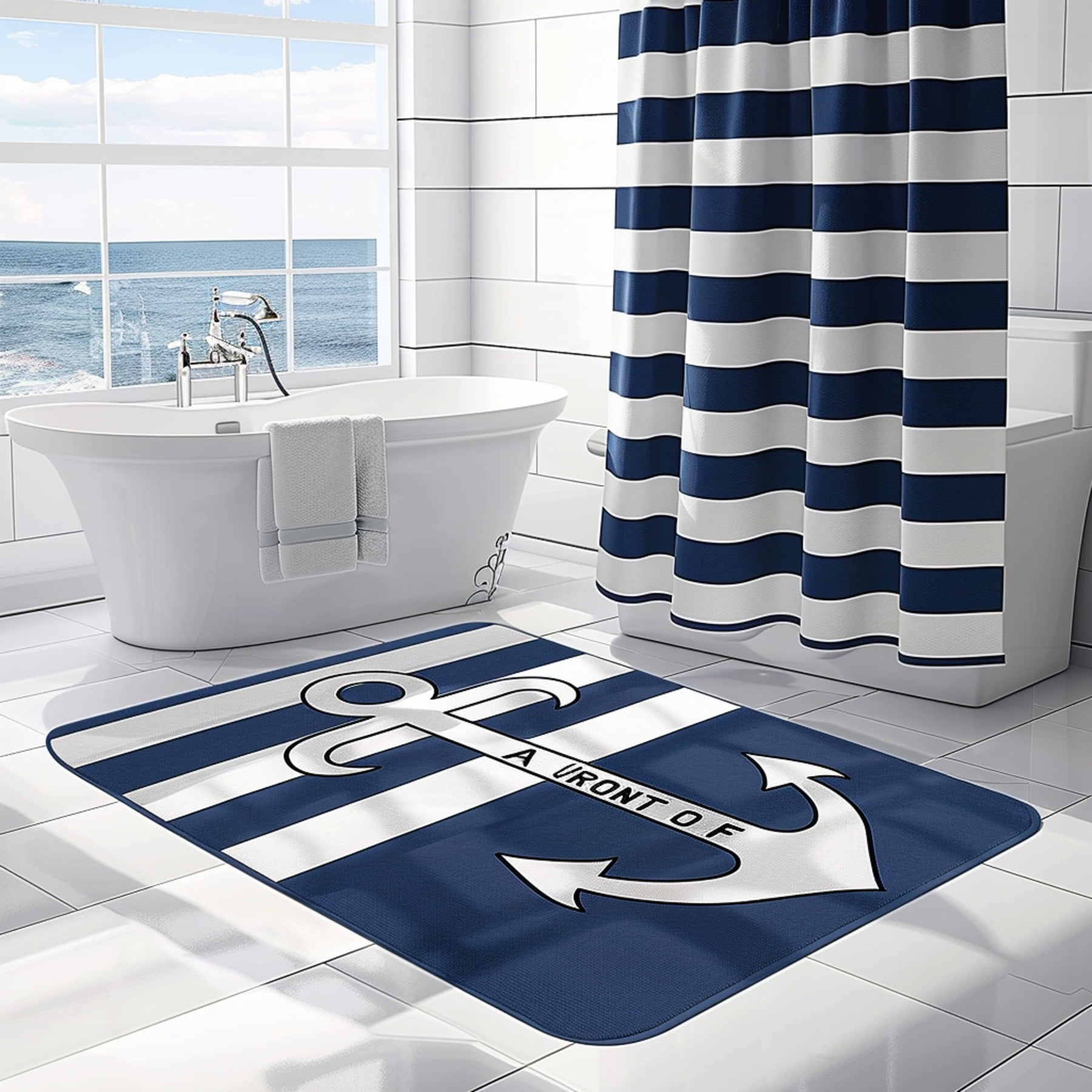 Striped Anchor Bathroom Set with Coastal Shower Curtain Blue and White