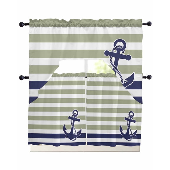 Striped Anchor Kitchen Curtains Set for Windows 3 Piece Cafe Curtains 36 Inch Length Swag Curtains Valances and Tier Set Navy Blue Nautical Sage Green Geometric Drapes for Bedroom Bathroom