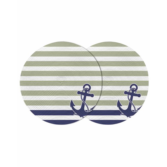 Striped Anchor Round Placemats Set of 2 for Dinning Tables,Heat-proof Braided Table Mats 13 Inch,Navy Blue Nautical Sage Green Geometric Washable Place Mat for Kitchen Restaurant Party Table Decor