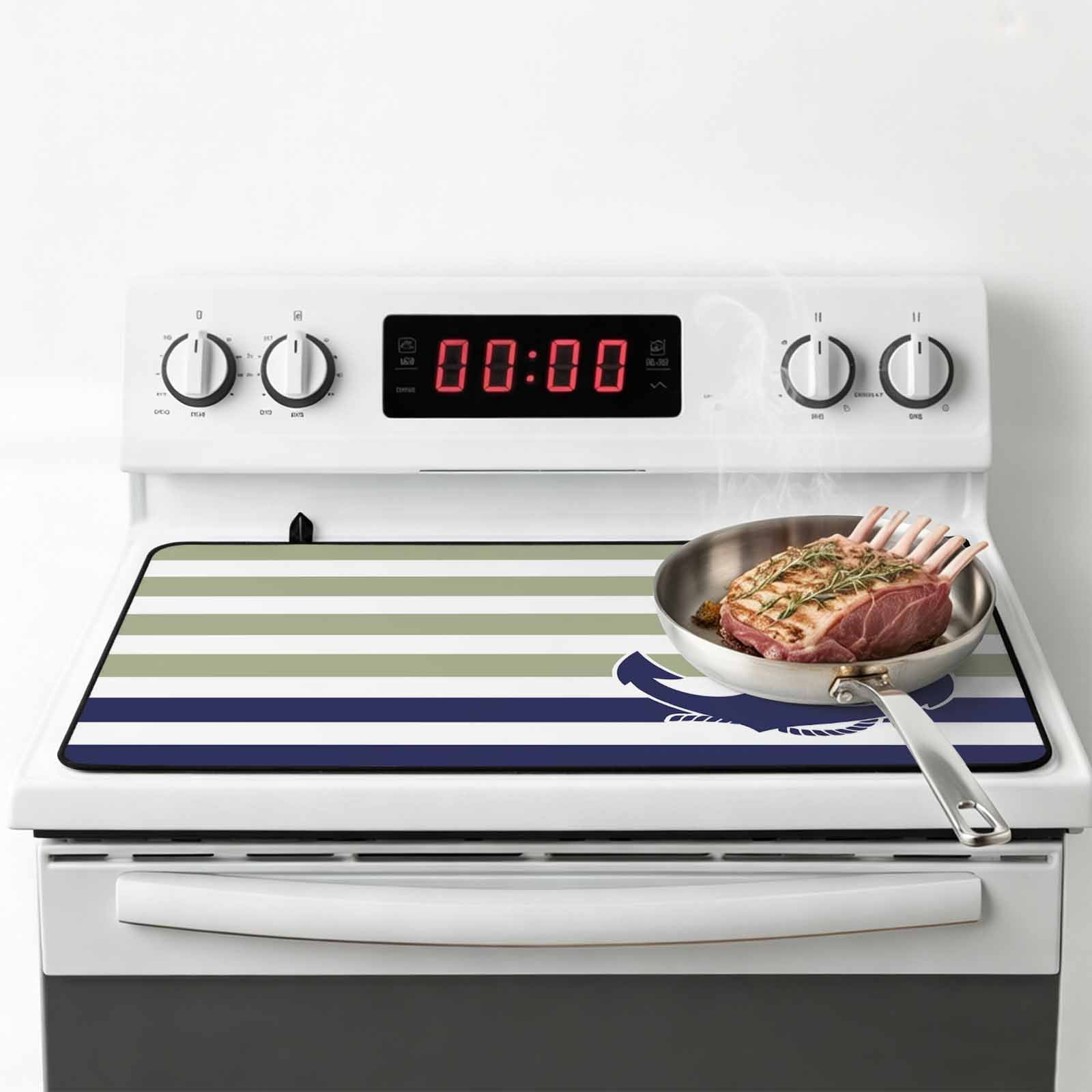 Striped Anchor Stove Top Cover for Electric Stove, Heat-proof & Non Slip Glass Top Stove Cover Protector, Navy Blue Nautical Sage Green Geometric Kitchen Flat Cooktop Rubber Mat 36x21 Inches