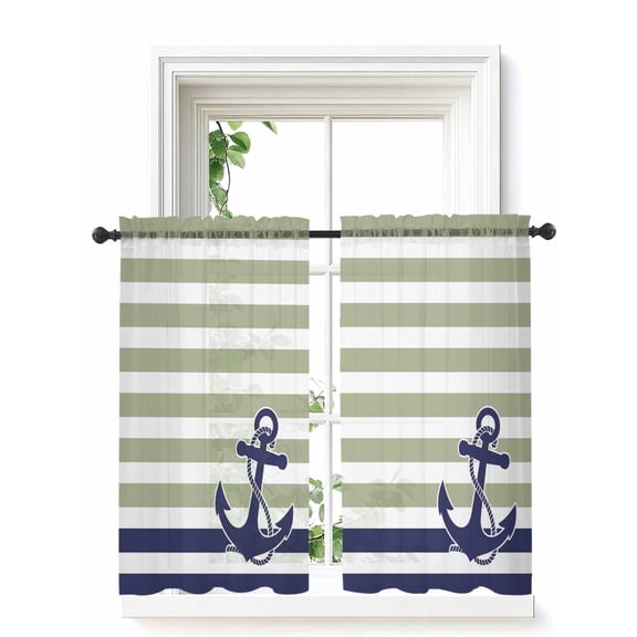 Striped Anchor Tier Curtains 45 Inch Length,Sheer Curtains for Bedroom Living Room Window Navy Blue Nautical Sage Green Geometric Voile Drapes Kitchen Curtains Small Half Window 27.5"x45" 2 Panels