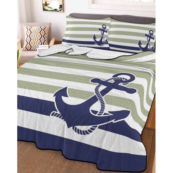 Striped Anchor Twin Size Down Alternative Comforter, Lightweight Comforter Quilt Bedding Set with Pillow Shams Navy Blue Nautical Sage Green Geometric All Seasons Bed Comforter Duvet Insert 68"x86"