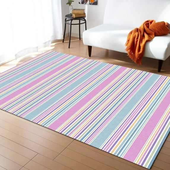 Striped Area Rug 4'x6' Aqua Blue Pink Stripe Colorful Texture Washable Area Rugs Non Shedding Floor Carpet Rubber Backing Non-Slip Indoor Mats for Living Room Bedroom Kitchen