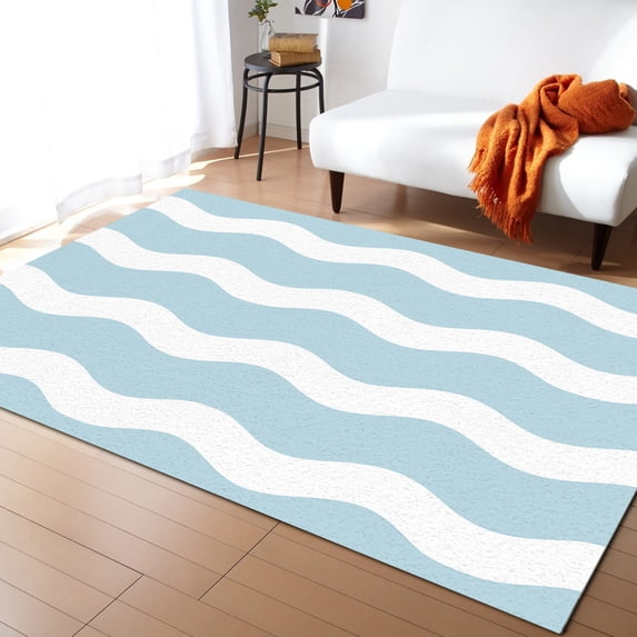 Striped Area Rug 4'x6' Skyblue Sea Wave Ripple Stripe Washable Area Rugs Non Shedding Floor Carpet Rubber Backing Non-Slip Indoor Mats for Living Room Bedroom Kitchen