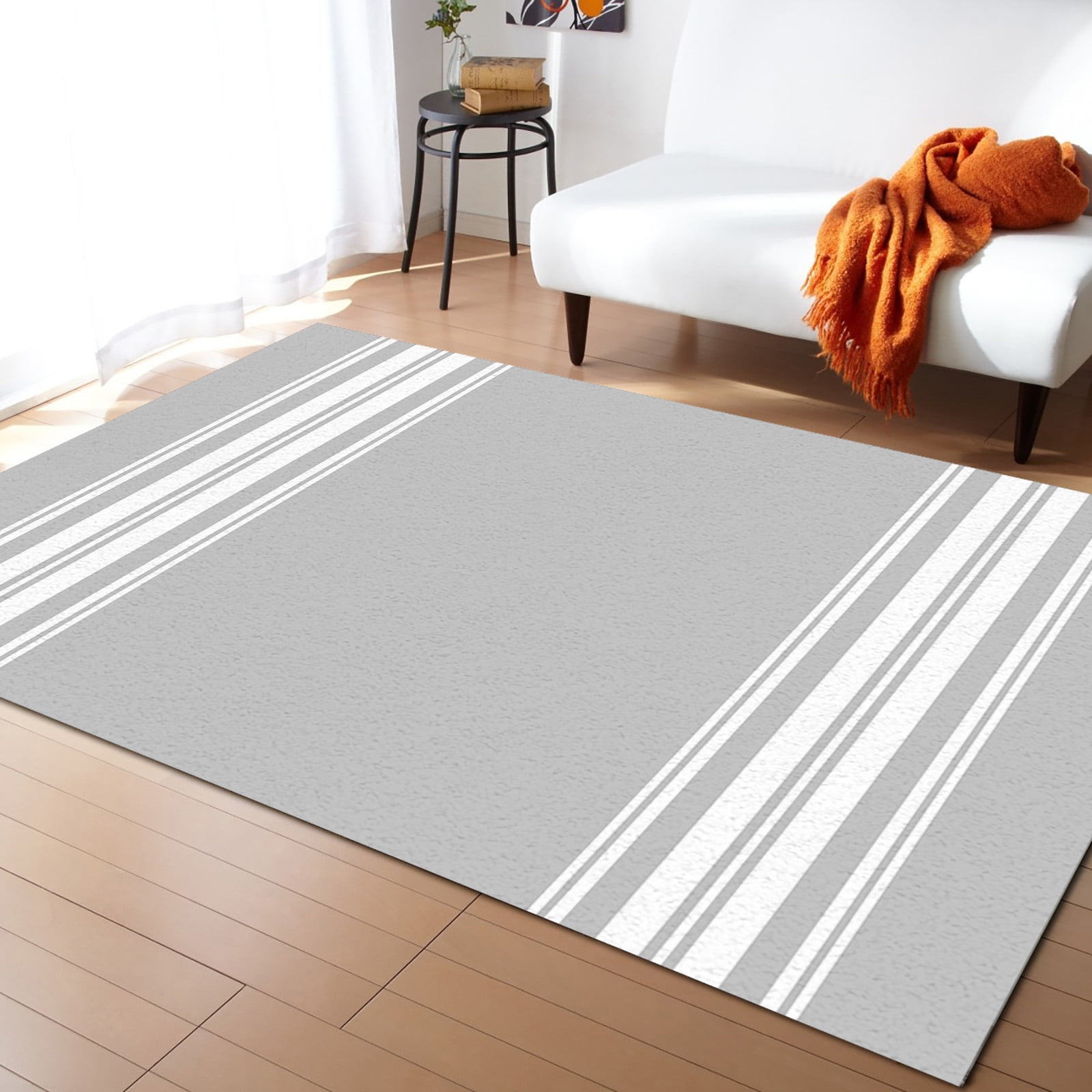 Striped Area Rug 5'x8' Farmhouse Gray White Stripe Washable Area Rugs Non Shedding Floor Carpet Rubber Backing Non-Slip Indoor Mats for Living Room Bedroom Kitchen