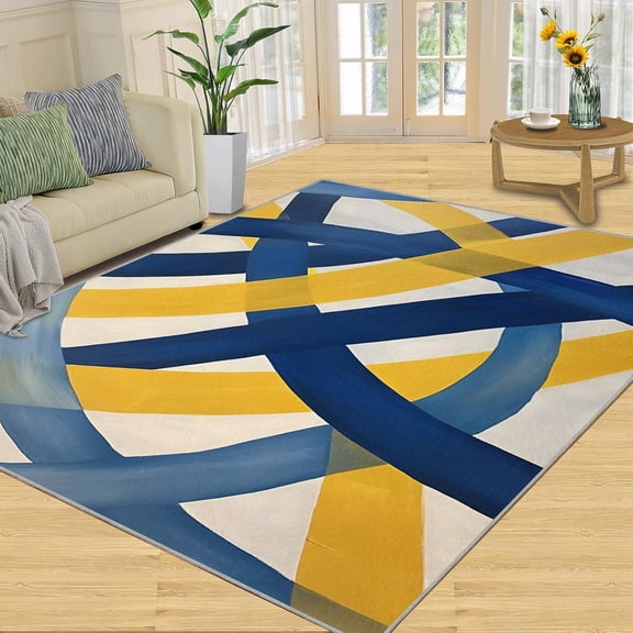 Striped Area Rug, Lines Rugs for Bedroom, Blue and Yellow Rugs for Living Room, Washable Easy Care, Non Slip Indoor Carpet-4' x 5'