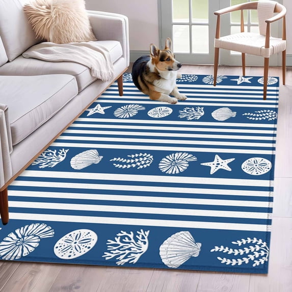 Striped Area Rugs 4x6 ft Ocean Navy Blue Starfish Shell Jellyfish Coral Washable Rug Non Slip Indoor Carpet Absorbent Floor Mat for Living Room Bedroom Dining Room