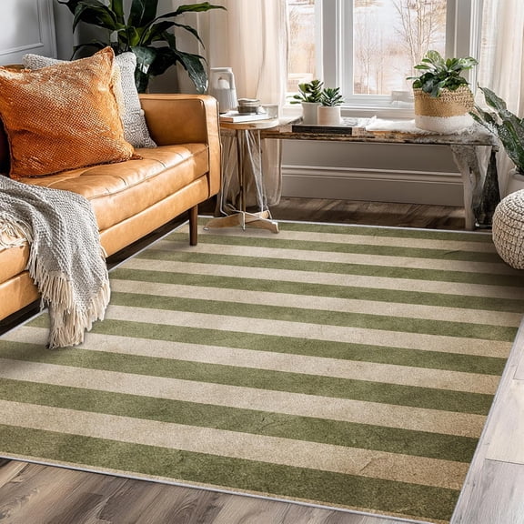 Striped Area Rugs, Green Beige Carpet, Washable Non Slip Low Pile Soft Rug for Bedroom Living Room Decor Mat 2ftx3ft