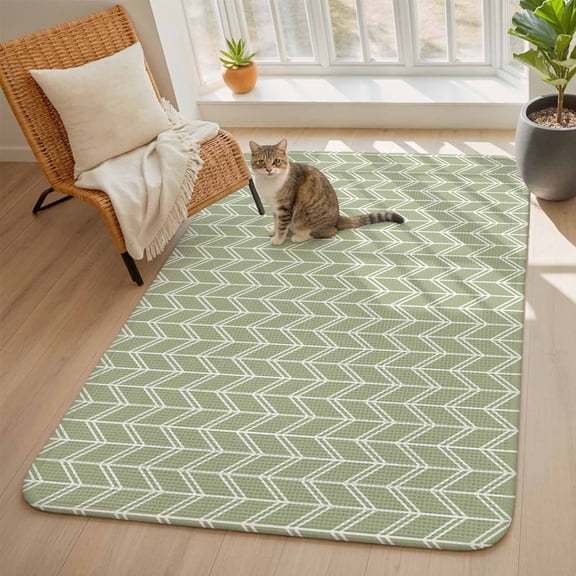 Striped Area Rugs for Living Room 5x6, Abstract Chevron White Line Sage Green Bohemian Washable Area Rug with Non Slip Backing, Stain Resist Linen Carpet for Bedroom, Dining Room, Entryway, Entrance