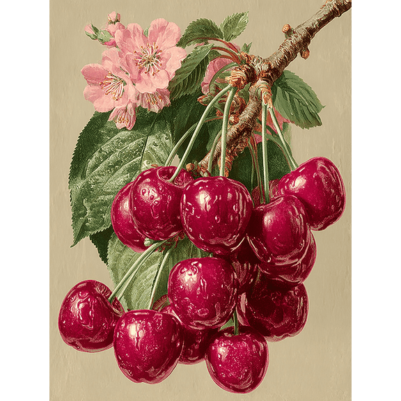 Striped Background Cherry Fruit Canvas Print, Grandmillennial Old Money Kitchen Botanical Home Wall Decor Art