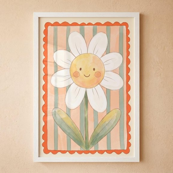 Striped Background Daisy Flower Smiley Face Floral Botanical Whimsical Pastel Bloom Nursery Poster , Poster Print Only