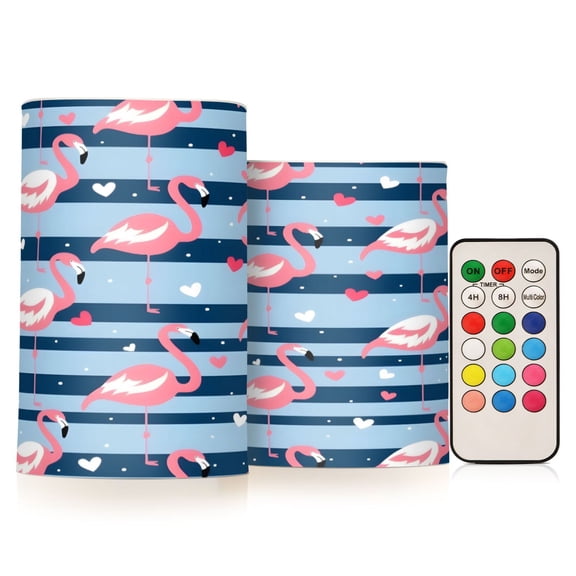 Striped Background Flamingo Flameless LED Candle Set with Remote, Battery Operated Color Changing Pillar Candles, Set of 2
