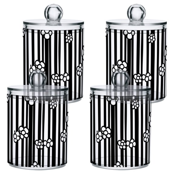 Striped Background with Flowers Bathroom Canisters Set of 4 Translucent Plastic Storage for Cotton Pads and Floss
