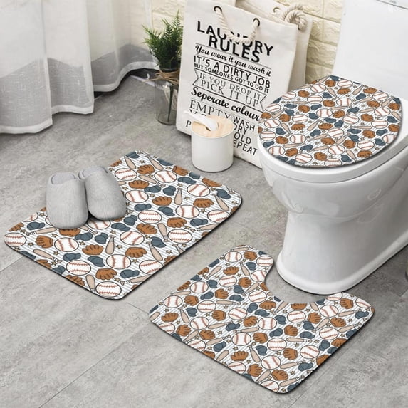 Striped Baseball Items Pattern Bathroom Rugs Sets 3 Piece,Toilet Cover Set,Absorbent Non Slip Bathroom Mats Sets with U-Shaped Contour Rug Toilet Rug Set
