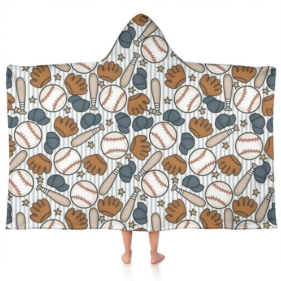 Striped Baseball Items Pattern Hooded Bath Towel，50"x30" for Ages 3 To 12 Kids, Quick Dry Lightweight Soft Microfiber Hood Beach Towel Cover Up for Kids