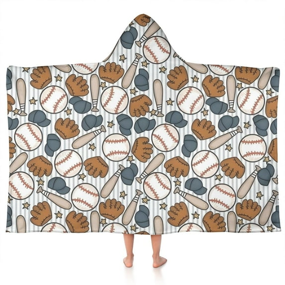 Striped Baseball Items Pattern Hooded Bath Towel,50"x30" for Ages 3 To 12 Kids, Quick Dry Lightweight Soft Microfiber Hood Beach Towel Cover Up for Kids