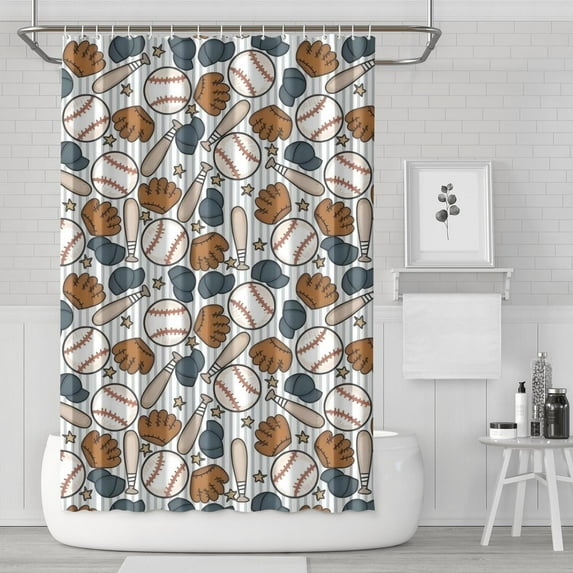 Striped Baseball Items Pattern Shower Curtain 72"x72" ,Bathroom Decorative Shower Curtains Set with 12 Hooks,Modern Waterproof Washable Shower Curtain