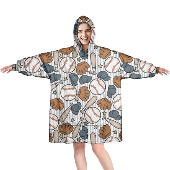 Striped Baseball Items Pattern Wearable Oversized Blanket,Wearable Blanket Hoodie for Adults,Cozy Hooded Blankets with Super Pockets,Super Warm Fuzzy Pullover for Women & Men