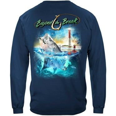 Striped Bass Fish Beyond The Break Fishing 100% Cotton Navy Long Sleeves T-Shirt Large