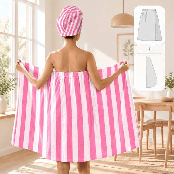 White Baby Robe Striped Bath Wrap Set With Hair Turban Pink And White Pattern Spa Towel ...