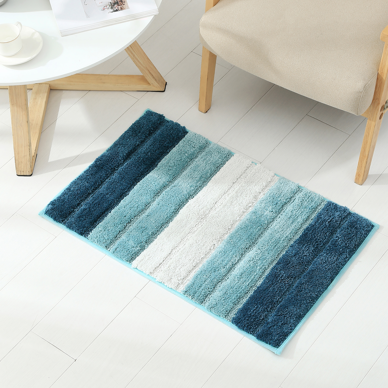 Striped Bathroom Rug Gradient Bath Mat Non-Slip Door Mats Soft Shaggy Thick Bath Rugs Absorbent machine washable Floor Mats for Bath Room, Toilet, Bedroom, Kitchen，20''x 32''，Blue