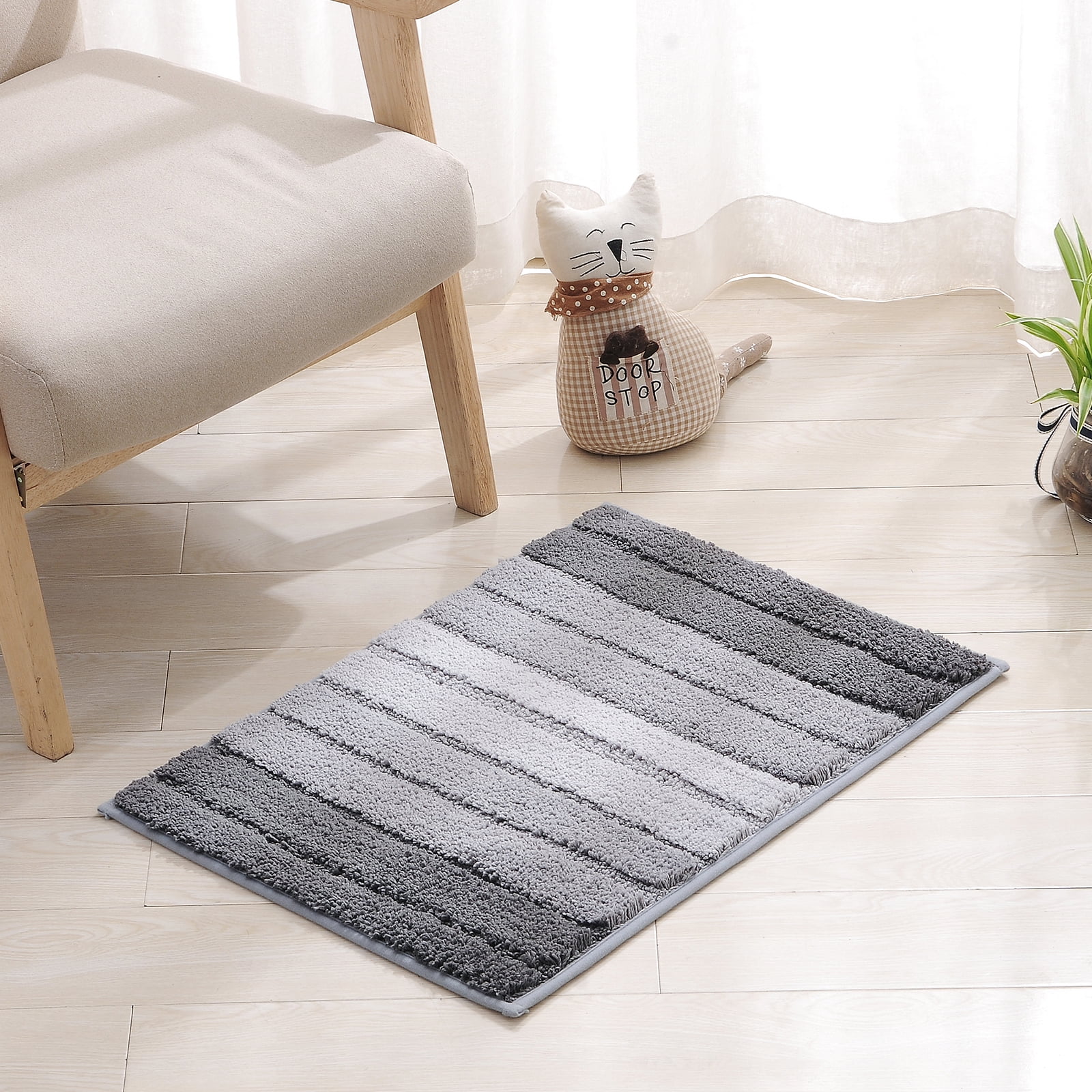 Striped Bathroom Rug Gradient Bath Mat Non-Slip Door Mats Soft Shaggy Thick Bath Rugs Absorbent machine washable Floor Mats for Bath Room, Toilet, Bedroom, Kitchen，20''x 32''，Gray