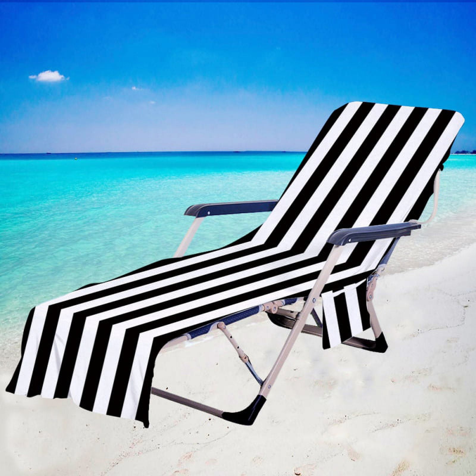 Striped Beach Chair Towel, Lounge Chair Beach Towel Cover Chaise Lounge Chair Cover Towel with Pockets No Sliding Beach Towel for Sun Lounger Hotel