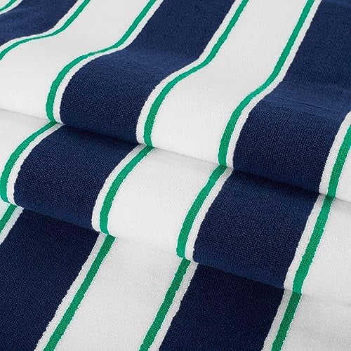 Striped Beach Towel - Case of 8 - Oversized 35 x 70 Soft Plush Thick Cotton, 600 GMS Heavy & Luxury for Pool Chairs, Resort, and Hot Tub, Navy/Green