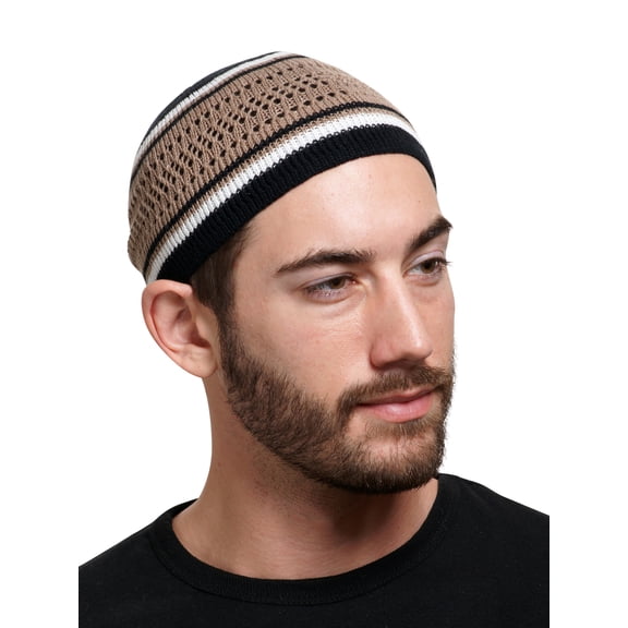Striped Beanie Kufi Caps Featuring Cool Designs and Patterns for Men & Women's, Khaki & Black Stripes
