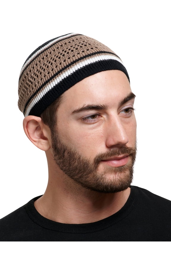 Striped Beanie Kufi Caps Featuring Cool Designs and Patterns for Men & Women's, Khaki & Black Stripes