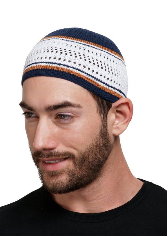 Striped Beanie Kufi Caps Featuring Cool Designs and Patterns for Men & Women's, Navy Blue, White & Golden Brown Stripes