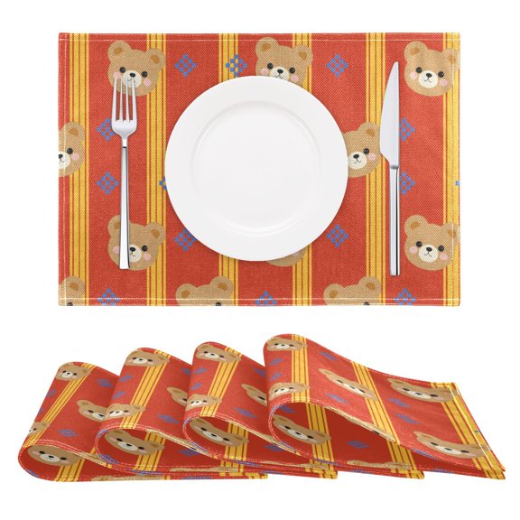 Striped Bear Pattern Placemats Set of 4 18x12in Reversible Rustic Linen Texture Dining Table Mat