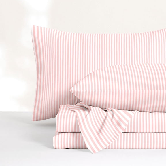 Striped Bed Sheet Set 4-piece Pink White Queen Size Modern Farmhouse Bedding
