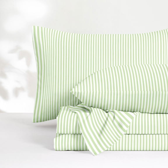 Striped Bed Sheet Set Sage Green White Queen Size
