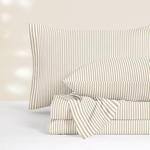- Striped Bed Sheets, 4-Piece Sheet Set, Ticking Vertical Pin Stripe Modern Farmhouse Pattern Printed Bedding, Deep Pocket, Light Brown White, Full Size