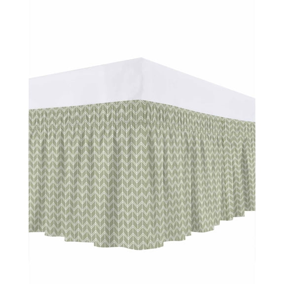 Striped Bed Skirt Queen Size 18 Inch Drop, Abstract Chevron White Line Sage Green Bohemian Wrap Around Dust Ruffle Bedskirts, Wrinkle & Fade Resistant Easy Fit Bedskirt with Adjustable Elastic