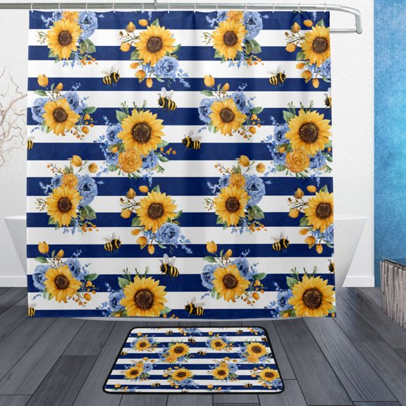 Striped Bee Flower Pattern Bathroom Accessory Sets Waterproof Shower Curtain with Absorbent Non-Slip Rug