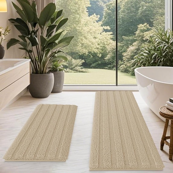 HAKUNA Striped Beige Bathroom Rug Set 2 Piece 32"x20"+60"x20" Ultra Soft, Non Slip Chenille Toilet Mat, Absorbent Plush Shaggy Bath Mats for Bathroom, Bedroom, Kitchen