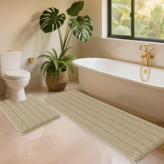 HAKUNA Striped Beige Bathroom Rug Set 2 Piece U Shape 24"x20"+48"x20" Ultra Soft, Non Slip Chenille Toilet Mat, Absorbent Plush Shaggy Bath Mats for Bathroom, Bedroom, Kitchen